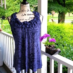 TESTAMENT Purple & Black Marbled Floral Ruffle Tank Mediun